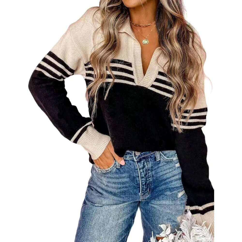 Women Fall V Neck Sweater Color Block Polo Long Sleeve Shirt Casual Loose Stripe
